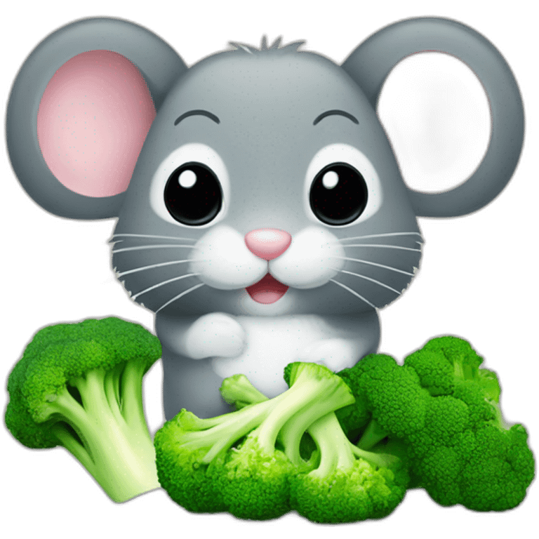 cute fluffy mouse beside plate with broccoli emoji