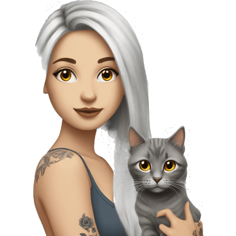 beautiful girl with tattoos, with long blond hair, with grey cat emoji