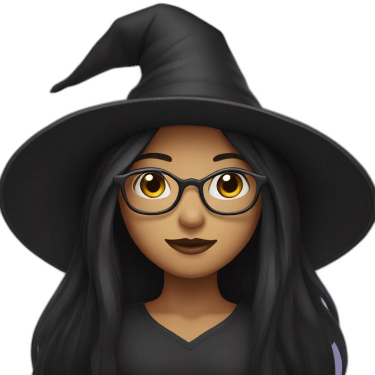 girl with black straight long hair, glasses and witch hat emoji