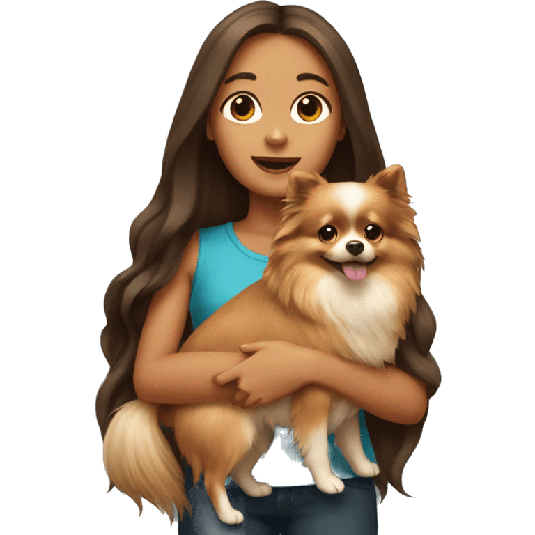 Girl with long brown hair holding a Pomeranian dog emoji