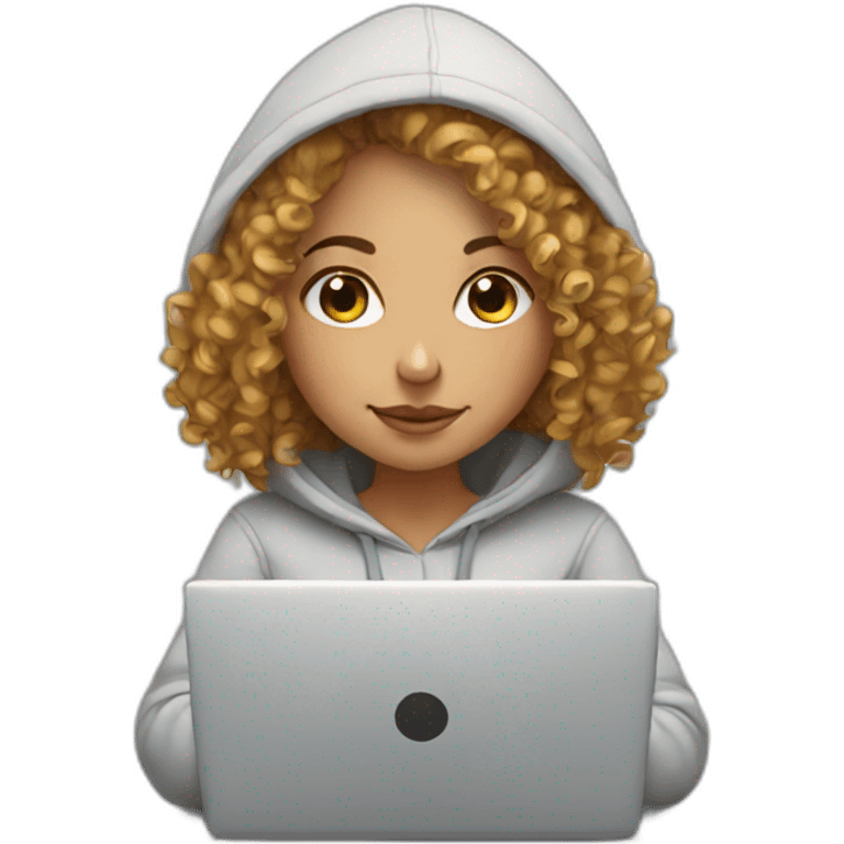 european curly girl wearing a hoodie working on a laptop emoji