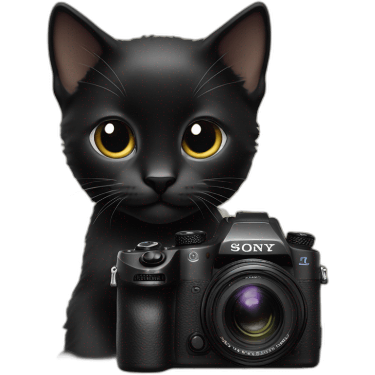 head of a tender black kitten, with a sony camera emoji