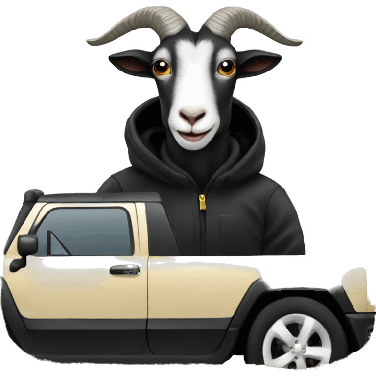 Goat in black puffy coat driving black Hummer emoji