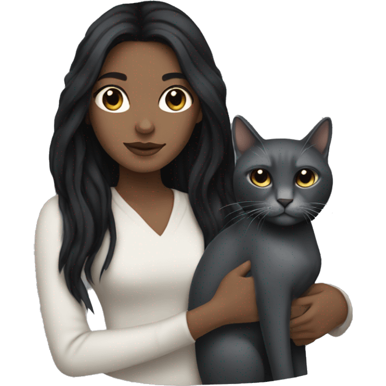 White girl with long black hair and black eyes holding a grey cat emoji