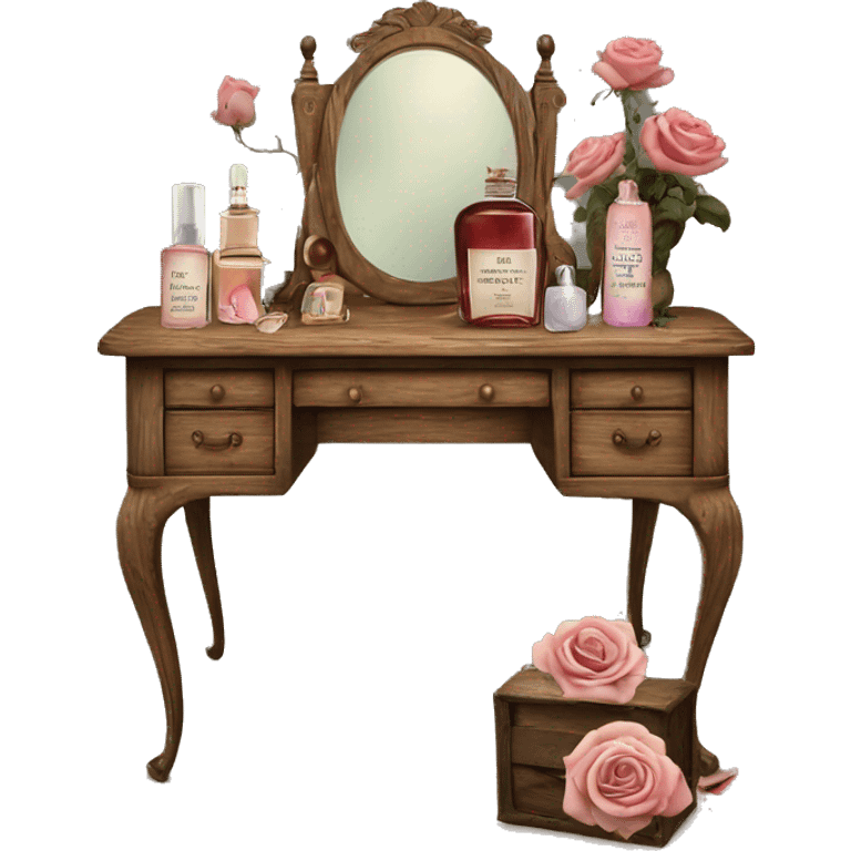 Old wood vanity with dead roses vintage makeup and perfume  emoji