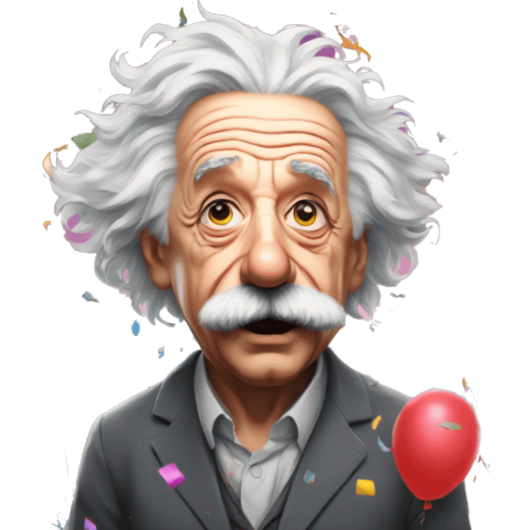 Angry albert einstein with lots of colourful confetti and party balloons emoji