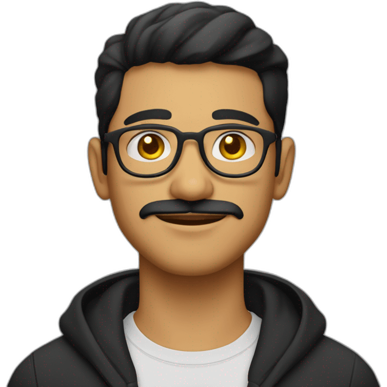 a light skin Pakistani man, wearing round glasses, short moustache, black hair, black jumper/sweater, structured manly face, yellow brimless cap emoji