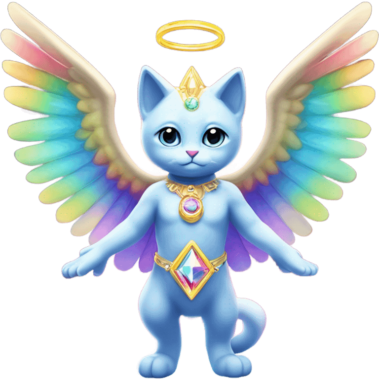 Transcendent Heavenly Rainbow 4d Diamond ultra mega surpream Omni-Cat God with wings and a ring around its body and another ring above it’s head full body emoji