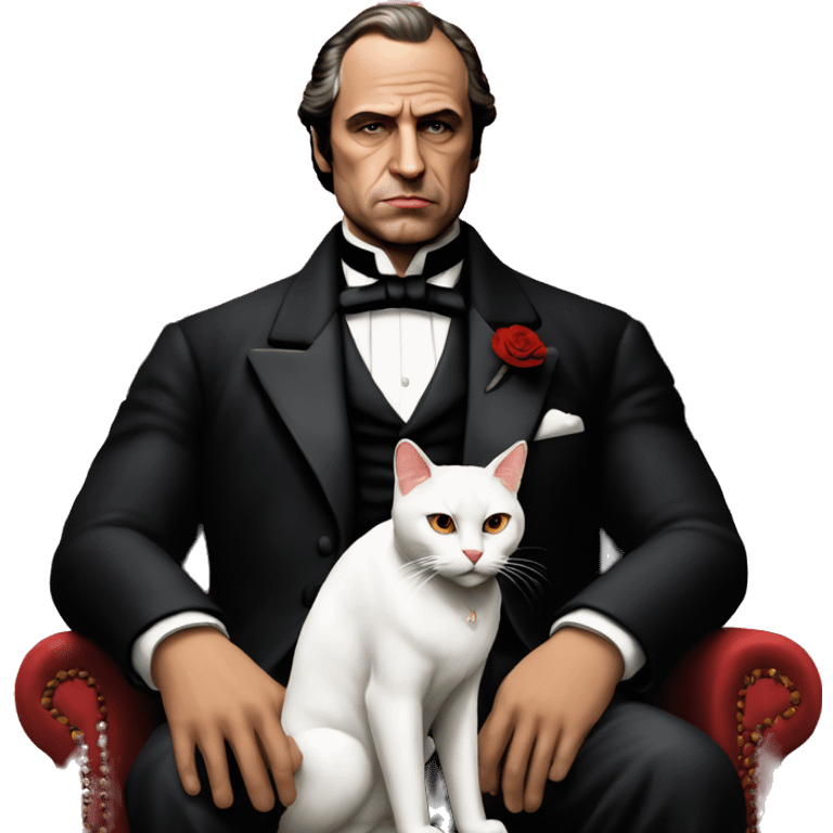 don corleone as a mafia boss sitting on a red chair petting a white cat on his lap emoji