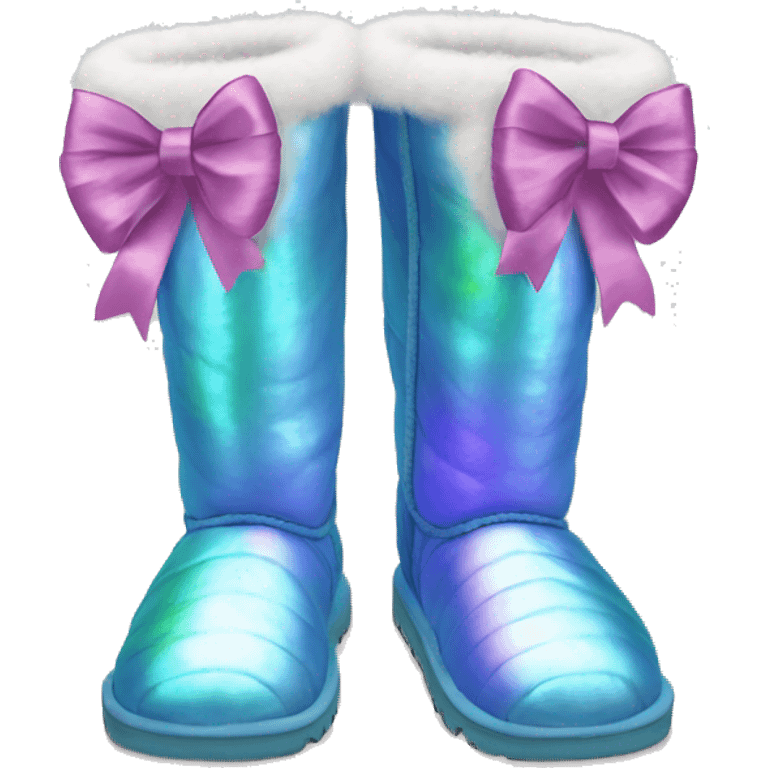 Pair of iridescent Ugg fur boots with ribbon bows. emoji