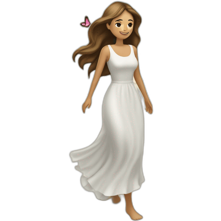 Mujer caminando en la playa y la brisa le mueve el cabello largo y crespo con un vestido largo y blanco del cual salen flores y mariposas volando emoji