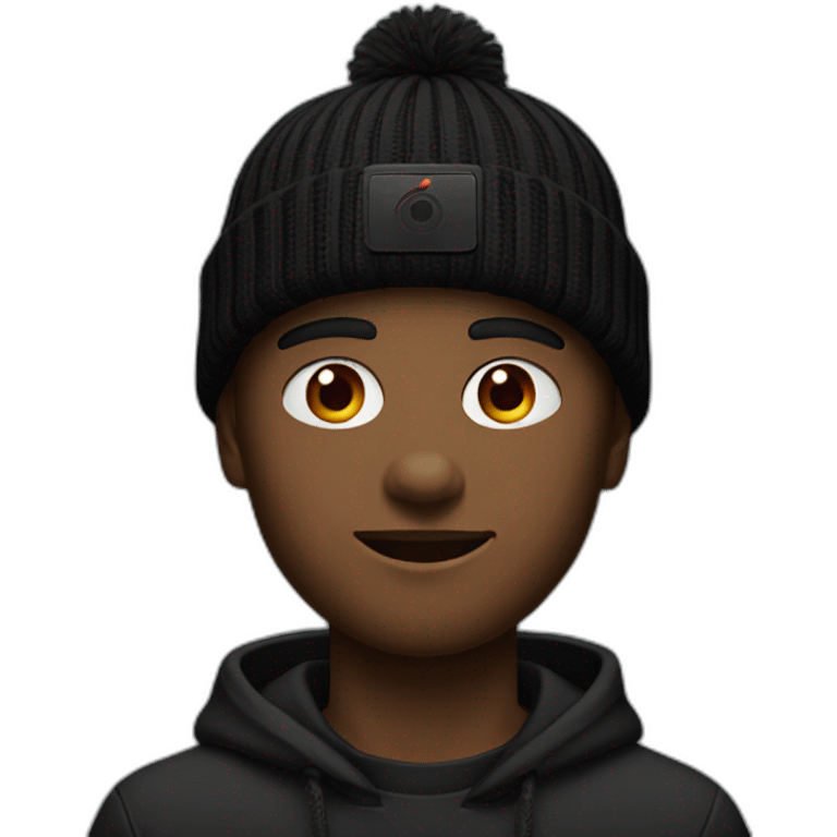 A 19 year old guy, in a beanie, wearing the apple vision pro, in a black outfit with dark red accents emoji