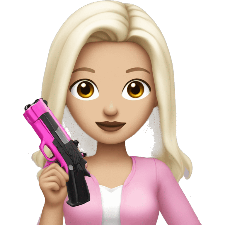 White Girl hand pink nails holding pink gun with black hair and brown eyes emoji