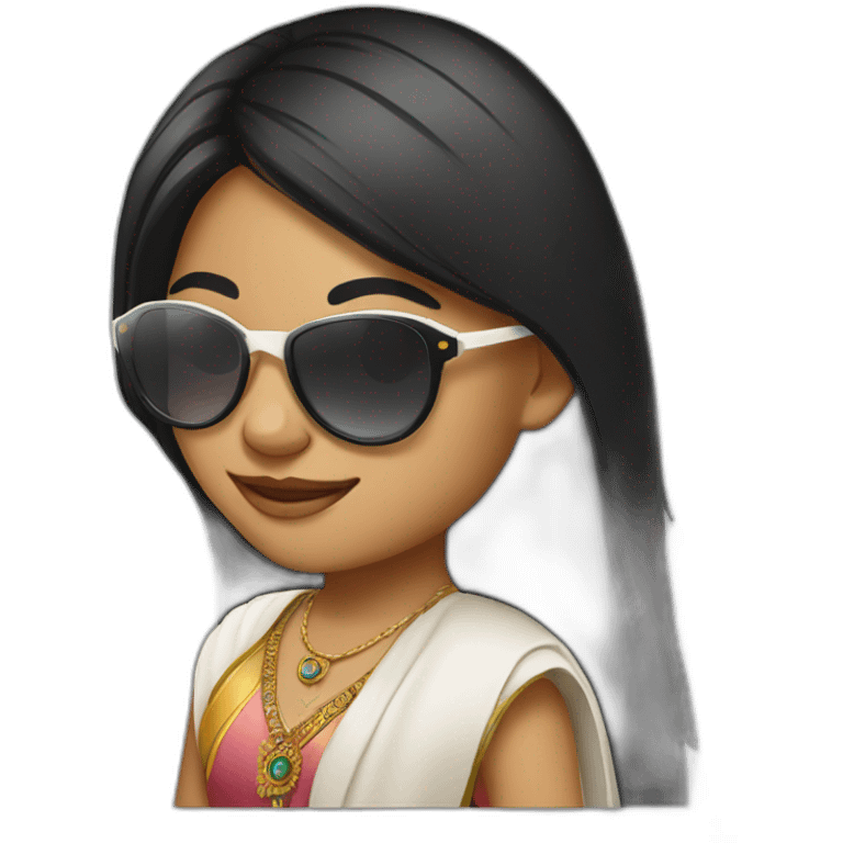 Cute white smiling long black straight hair indian girl wearing round sunglasses emoji