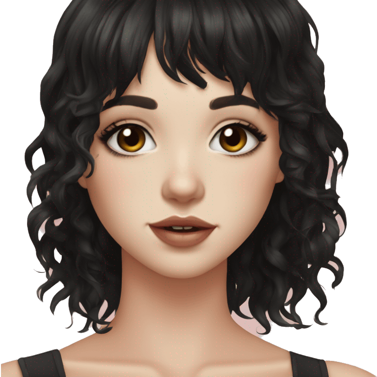 girl pale skin and medium length curly dark black  hair with hair layers, bangs, big hazel eyes, big lips, small nose, nose nostril piercing, three ear piercings emoji