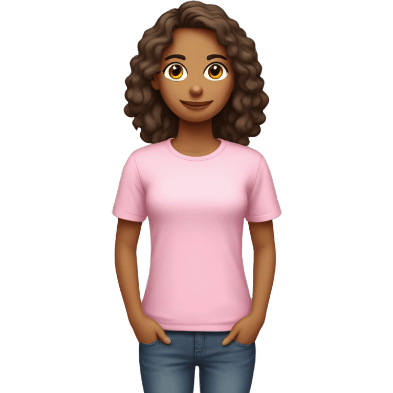 Chica delgada piel blanca, pelo marrón liso hasta los hombros con camiseta rosa claro emoji