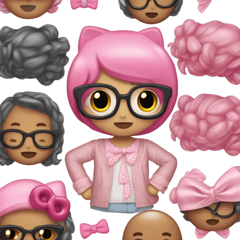 Pelo largo y ondulado,con fleco que tapa as o meno la cara,con lentes rosas y blusa de hello kitty  emoji