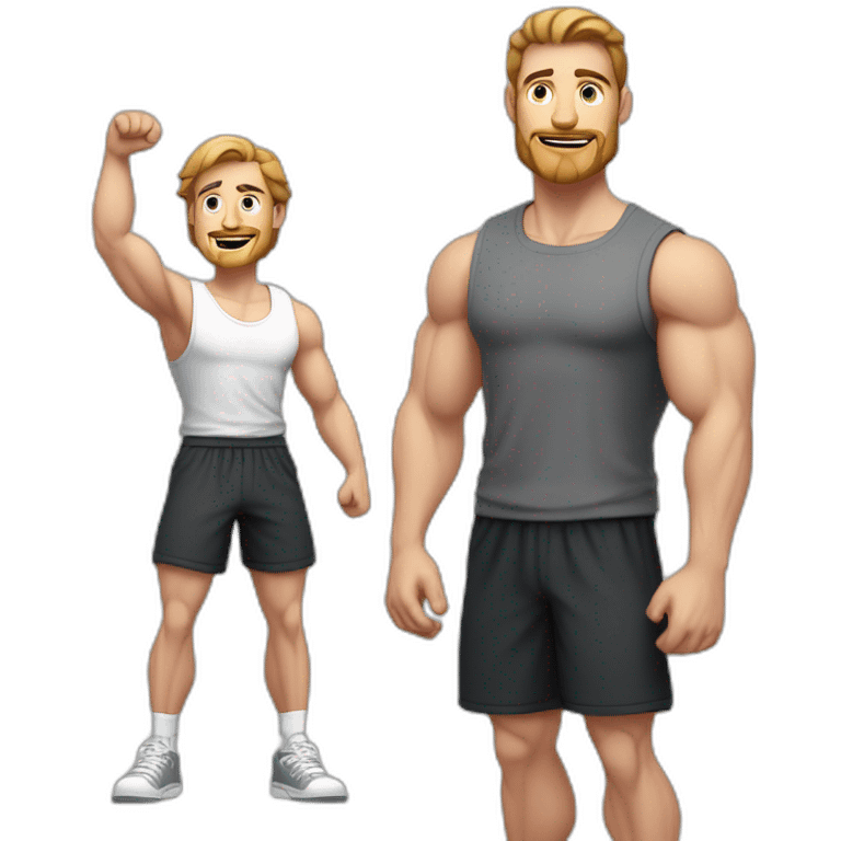 Full height Actively gesturing with hands Pale skinned Fit Man With the biceps and brown hair in dark gray Sleeveless Mike, black oversize sports shorts, watch and white Sneakers emoji