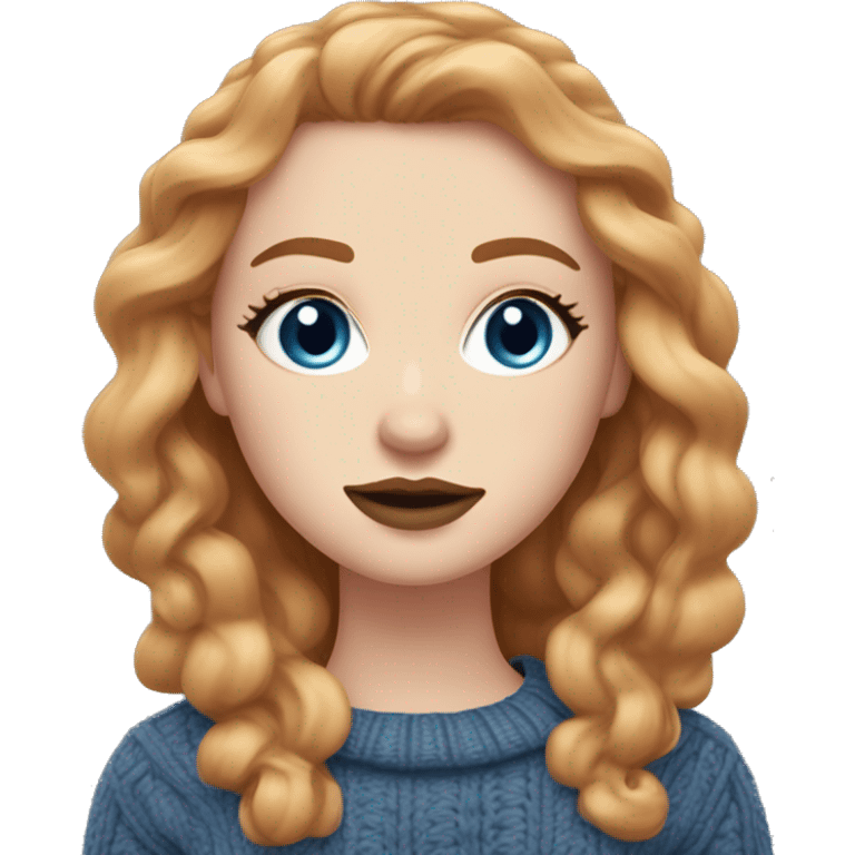 White girl with long, wavy hair a mix between ginger and dirty blonde. Blue eyes long eyelashes rose cheeks and light brown lipstick and bold eyeliner. Wearing cable knit sweater. emoji