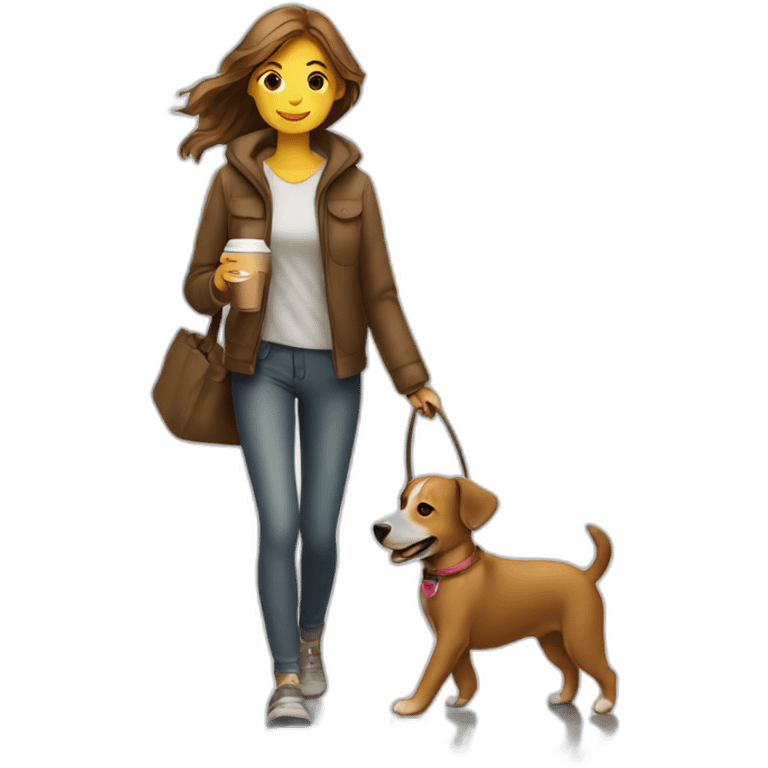 A dog walking with a girl holding a coffee emoji