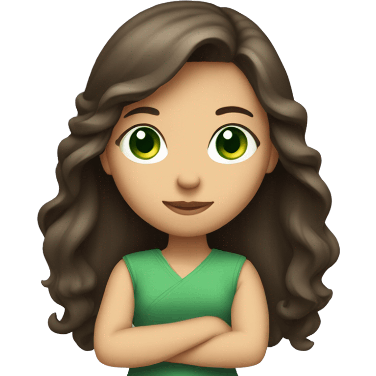 A long hair brunette girl with green eyes crossing her arms emoji