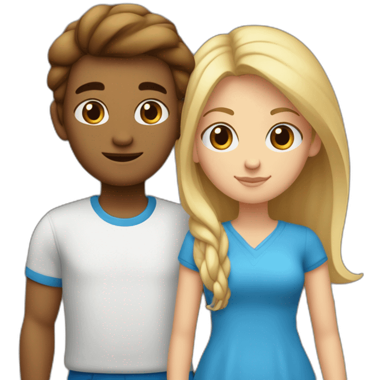 Un couple adolescent avec une fille blonde au yeux bleu et un garçon au cheveux brun et aux yeux marron emoji