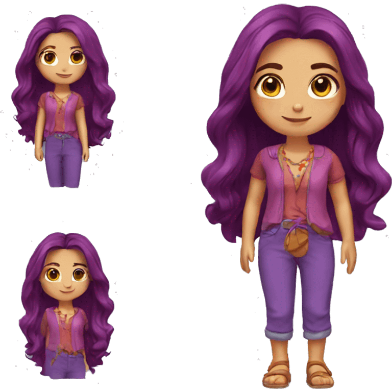 Woman 50 years,  red-purple MIDI long hair, a little hippie, beautiful honey eyes emoji