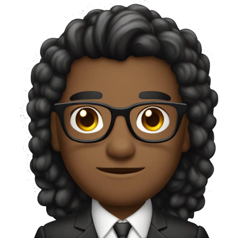 Hombre joven maestro de cabello negro risado con lentes y traje emoji