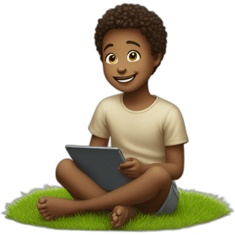 Portray the innocence of a child sitting on grass, captivated by a tablet, with a beaming happy face that radiates wonder and delighted. emoji