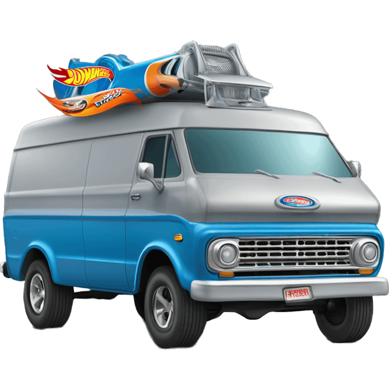 Side-on shot, Hot wheels, Hot rod, large panel van truck,1973 with exposed chrome exhaust pipes, blue, large wheels in back, logo “Stinky’s Diaper Cleaner” emoji