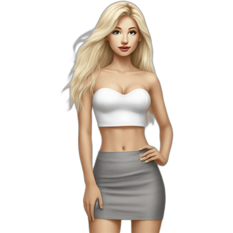 caucasian straight long haired blonde, white bustier, tight grey mini skirt, hyperrealist drawing emoji