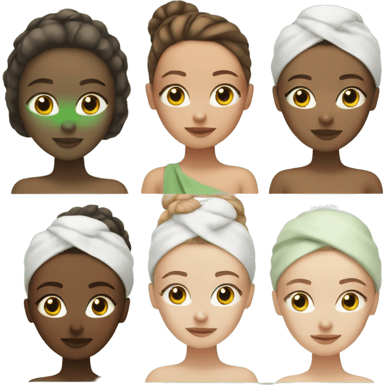 White girl brown hair in bun with white hair towel with green skincare mask on face emoji