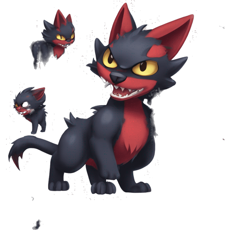   cool edgy fantasy anime-style dark animal vampiric Litten-Zoroark-Nargacuga-cat-hybrid Fakemon with big fangs and bat-ears full body emoji