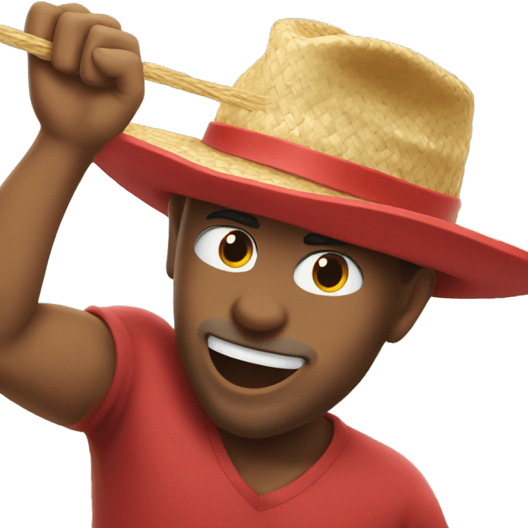 Guy with a red top and a straw hat punching the sky emoji