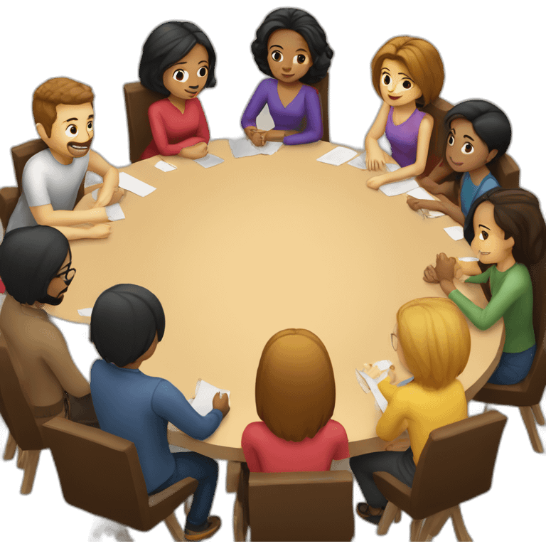 A round table with people sitting around it. They should be diverse in race and hair style emoji