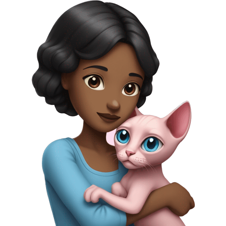 A girl with black hair hugs a pink sphinx cat with blue eyes  emoji