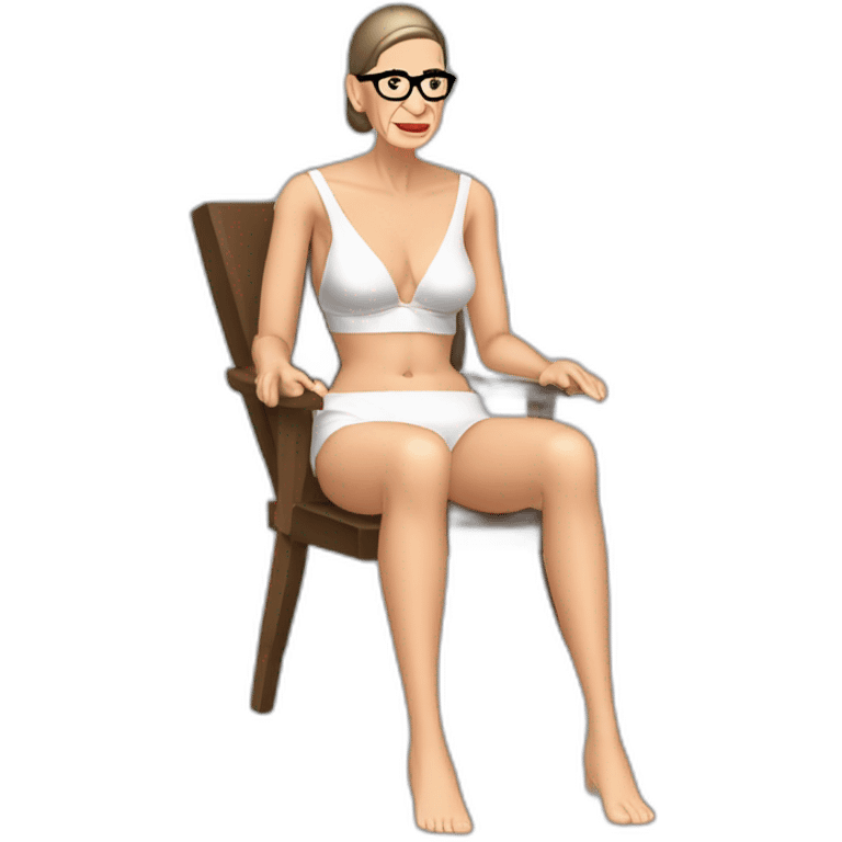 sexy ruth bader ginsburg wearing string bikini top and a skirt acting out that scene from basic instinct sitting facing forward legs apart(full body, ios17, sitting legs spread apart) emoji