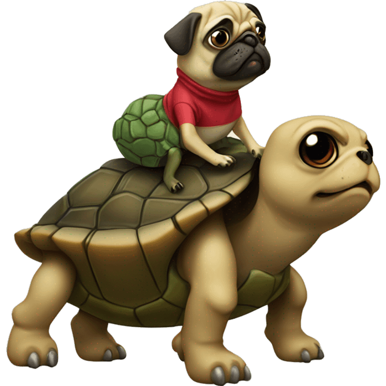 A normal pug riding on top of a normal turtle. emoji