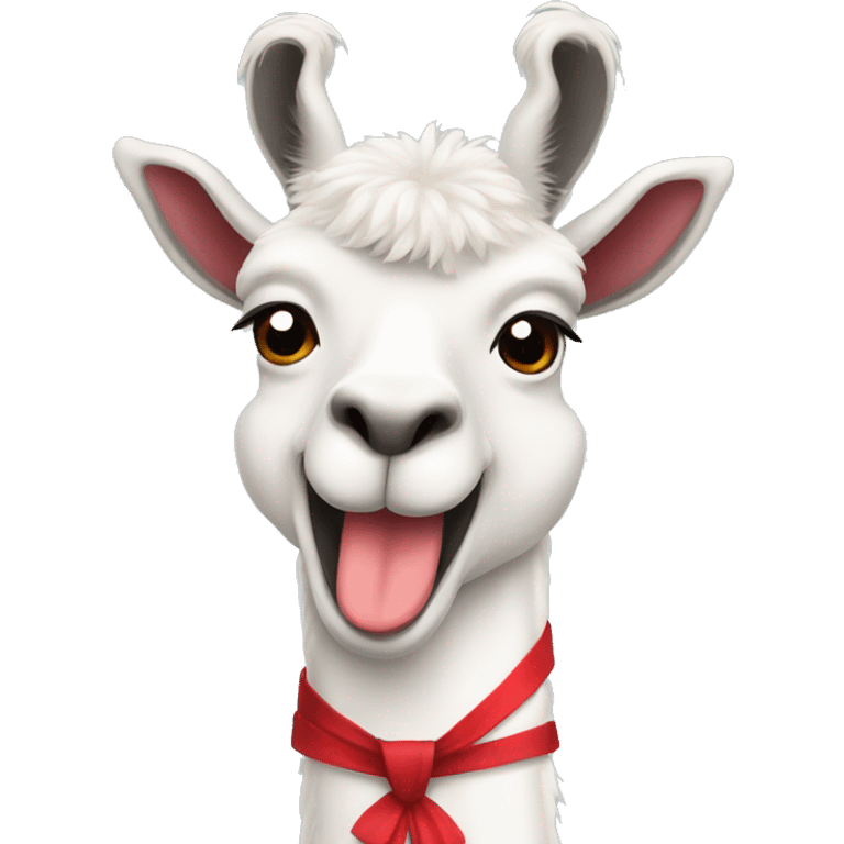 White smiling lama wearing red bow emoji