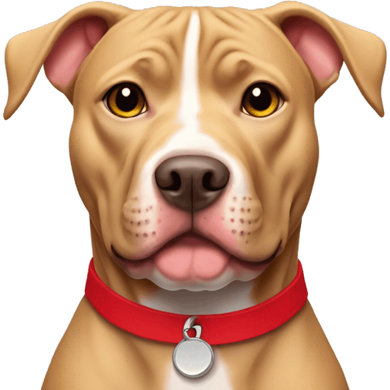 tan pitbull with red collar and one ear sticking up emoji