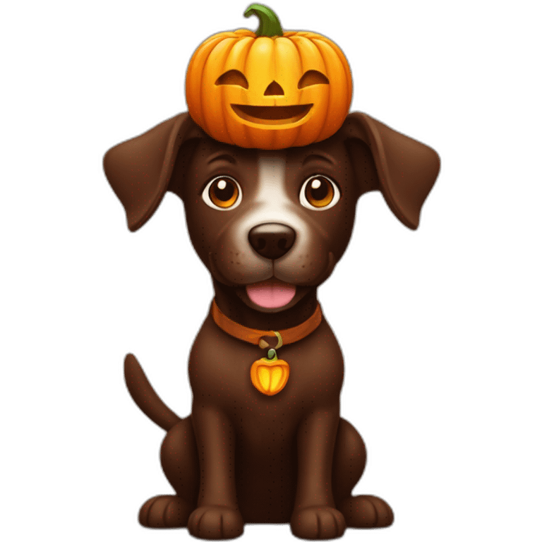 A chocolate doodle dog with a jack on lantern on its head emoji