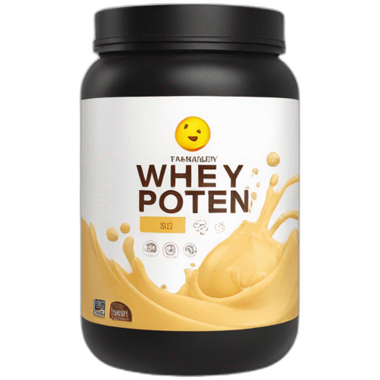 Whey protein with logo on it and ingredients  emoji