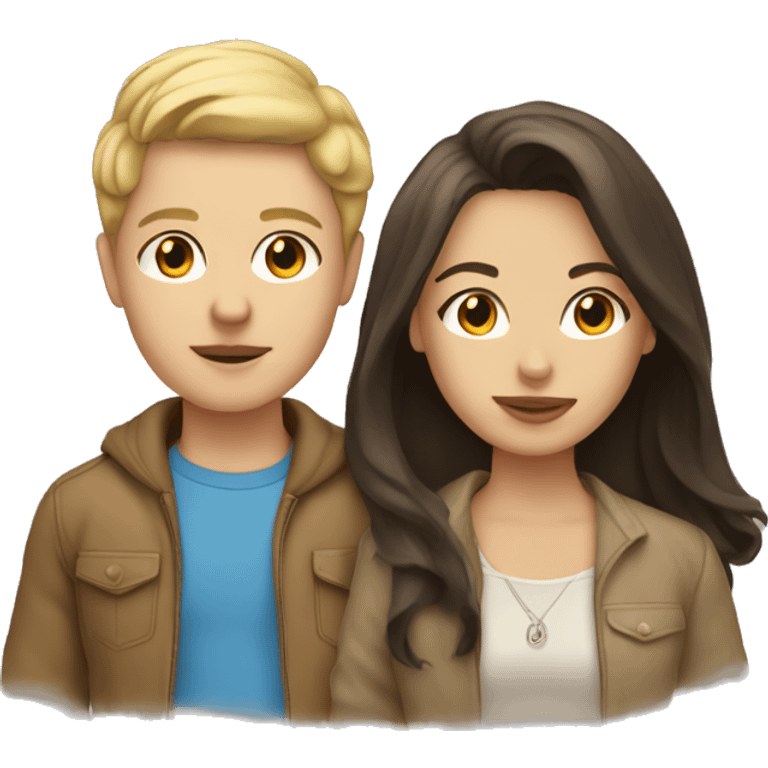 Blonde girl and brunette boy with beige pitbull emoji