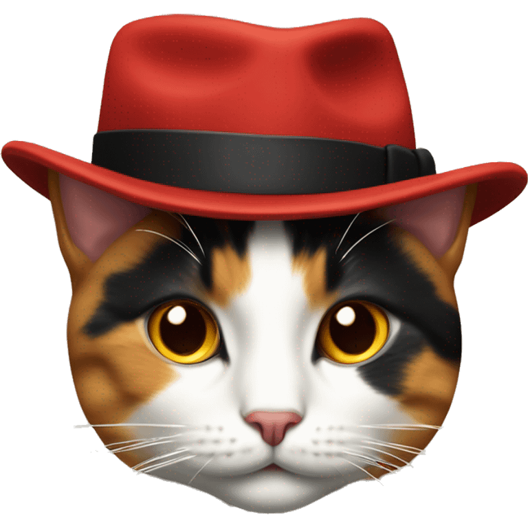 a calico cat wearing a red fedora hat with a black band in the style of the windows 10 emoji head only no body emoji