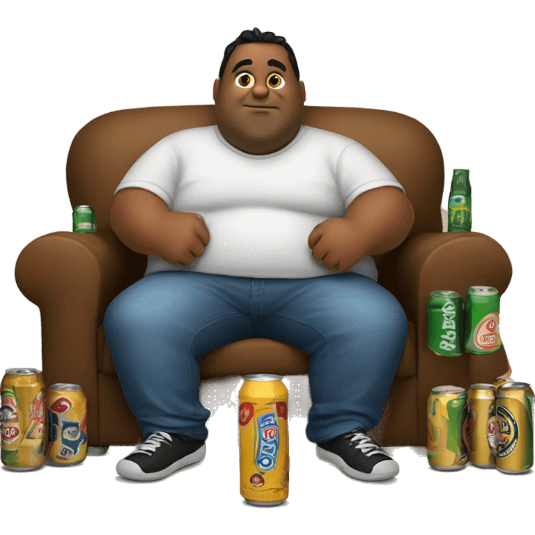 Fat brown guy sitting in the sofa  with beer and empty cans of beer around him emoji