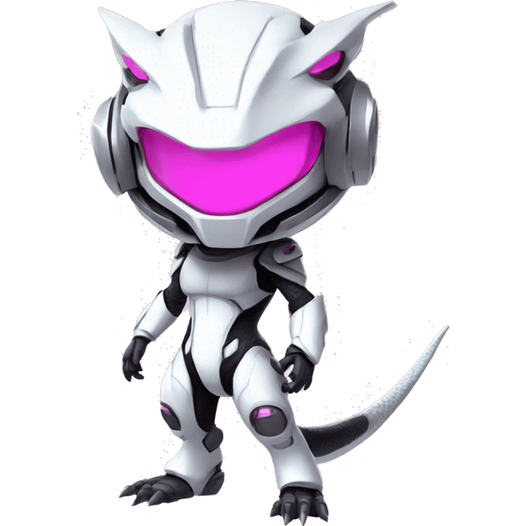 White, Chibi, White body, Anthro-Sona-Lizard-Alien-Salazzle-Mew-Fakémon, with pink eyes, with a futuristic visor-helmet, wearing a techwear-suit, Full Body emoji