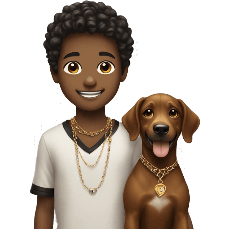 smiling boy with dog  brown and black and jewelry emoji