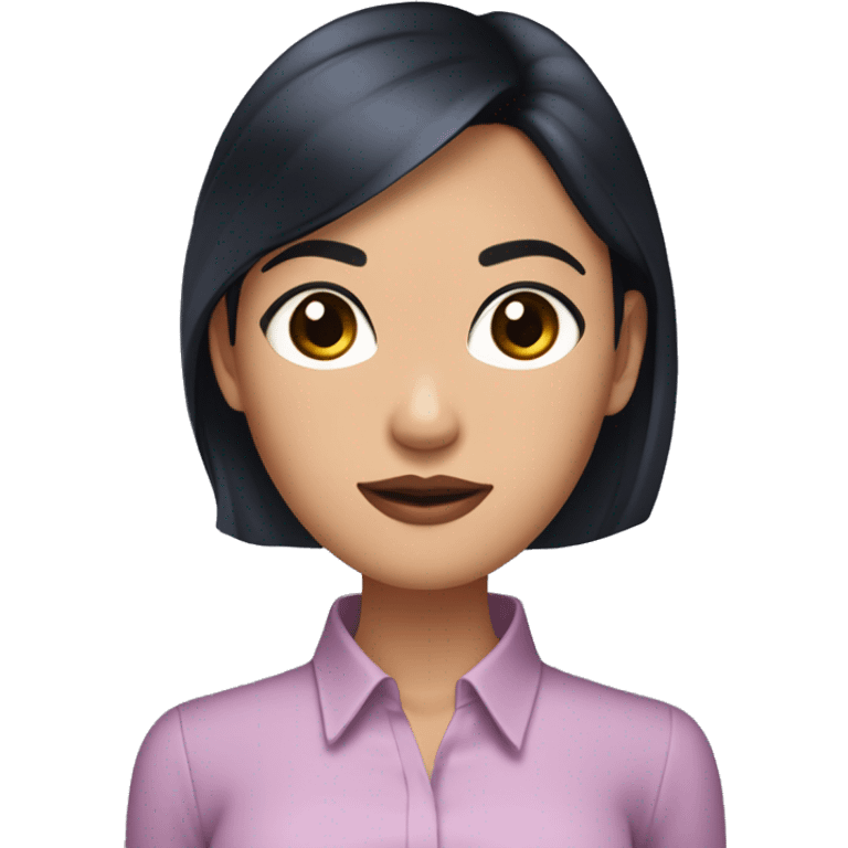 an asian women with short black hair with length in between ears and shoulder and straight style. dark brown eyes. Small hoop silver earrings. Lips mauve pink. Dark blue collar blouse. Holding a iphone. Facial expression is sassy but nice. emoji