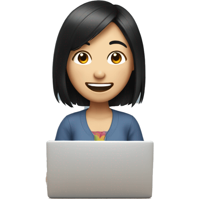 asian girl with black hair at a computer laughing emoji