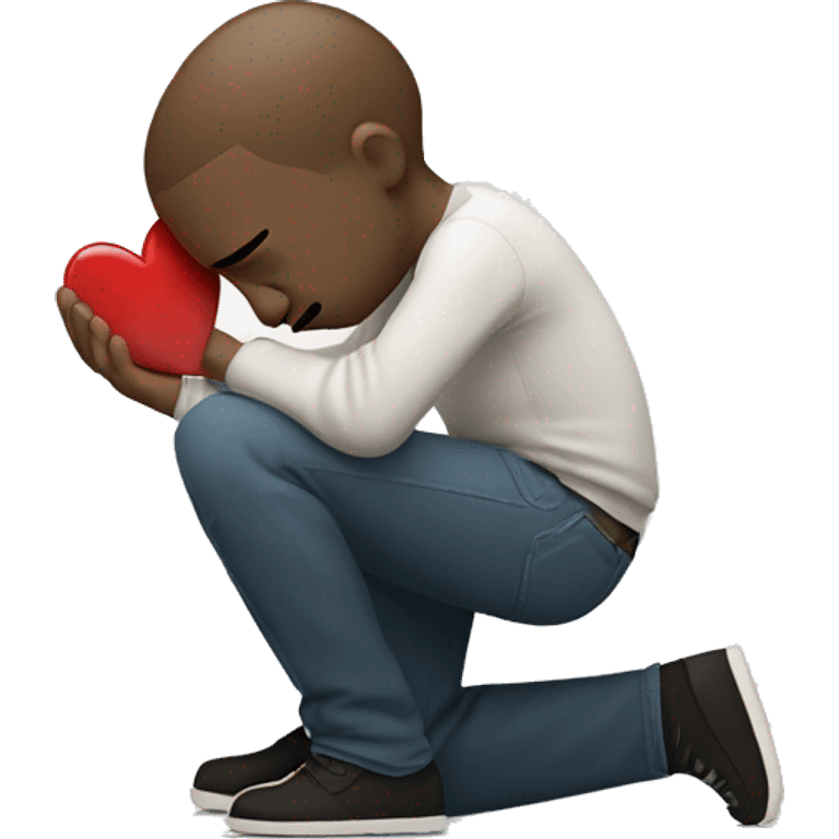 A white-skinned man kneeling and crying, trying to mend his girlfriend's broken heart. The heart is a broken emoji heart, highlighting the emotional scene. emoji